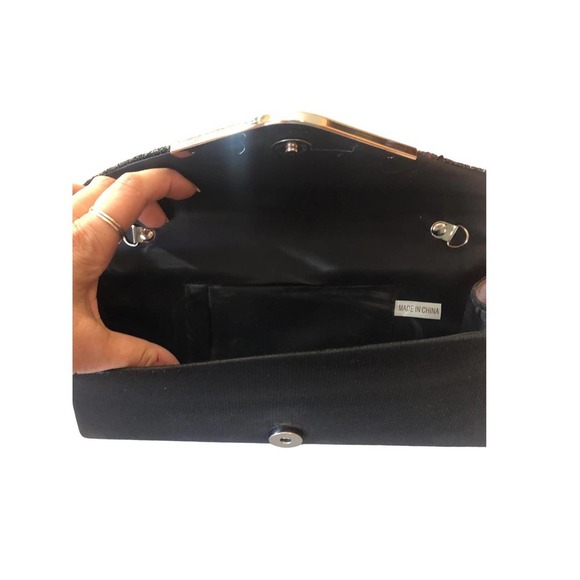 EVENING Bag Black Satin Glitter Clutch with Silver Hardware and Chain - Picture 9 of 10